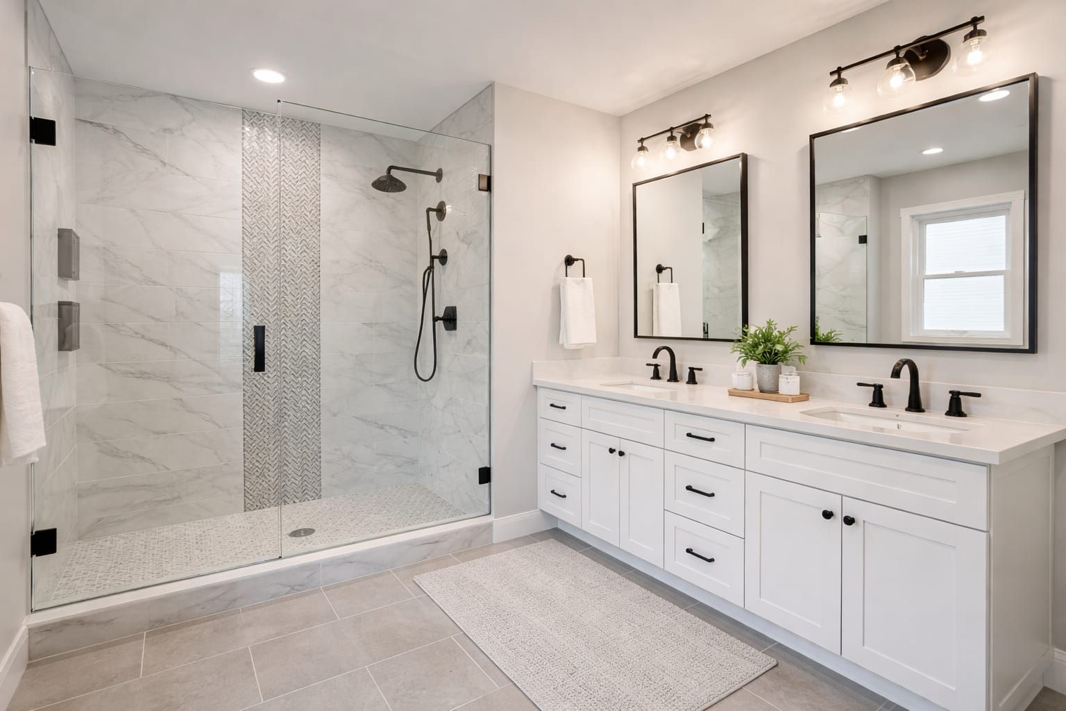 Bathroom with a white double vanity, black fixtures and a frameless glass walk-in shower