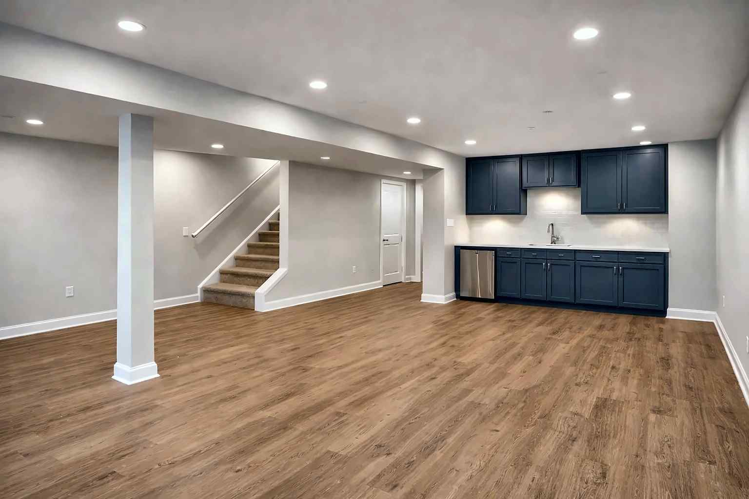 Finished basement with navy wet bar and recessed lighting