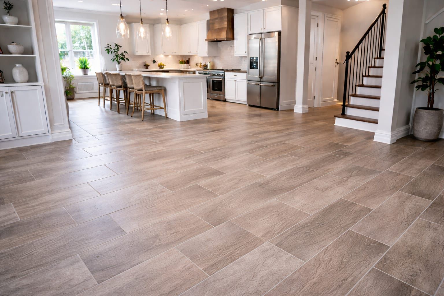 Open first floor with wood-look tile flooring, a white kitchen with an island and a staircase with black railings